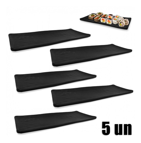 Imagem 1 de 6 de Tigela Prato Retangular Para Sushi Melamina Preto 5 Unidades
