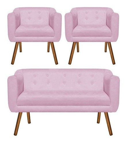 Kit Sofá Retrô 2 Lugares E 2 Poltronas Julia Rosa Bebê