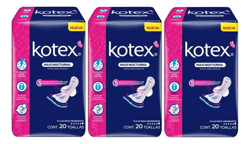 3 Toalla Femenina Kotex Maxi Nocturnas Con Alas 20 Pzas