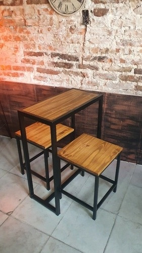 Imagen 4 de 6 de Mesa Hierro Y Madera 60x30x78 + 2 Bancos Industrial Desayuno