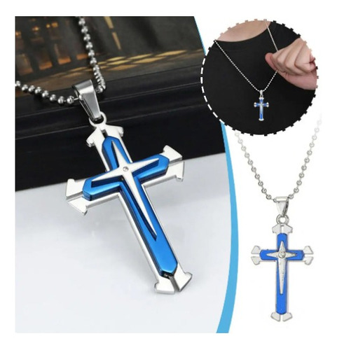 Collar Mujer Cadena Hombre Dije Cruz Metal Azul Celeste Azul
