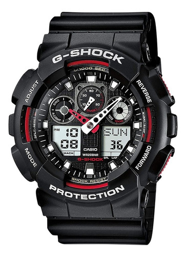 Reloj pulsera Casio G-Shock GA100 de cuerpo color negro, analógica-digital, para hombre, fondo negro, con correa de resina color negro, agujas color blanco y rojo, dial gris y blanco, subesferas color negro y gris, minutero/segundero blanco, bisel color negro y rojo y hebilla doble