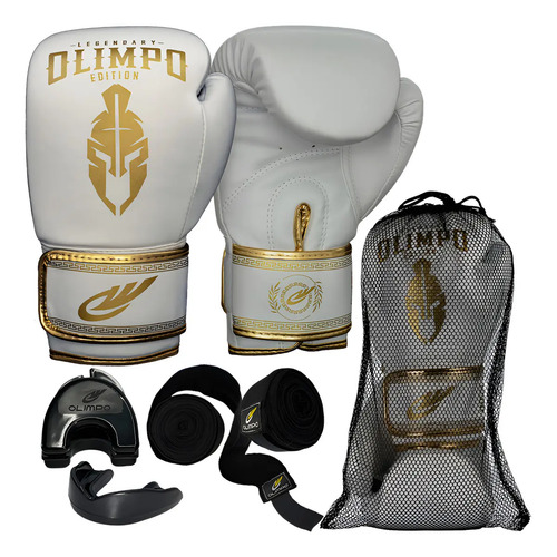 Luva De Boxe Muay Thai + Bandagem + Bucal + Case Kickboxing Cor Branco/dourado Tamanho 14oz