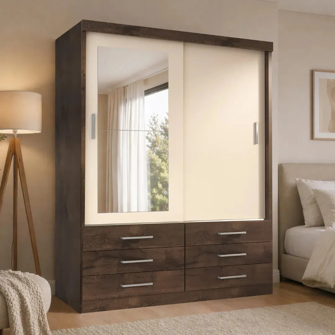 Guarda Roupa Solteiro Capri 2 Portas 6 Gav com Espelho Cor Chocolate Off white