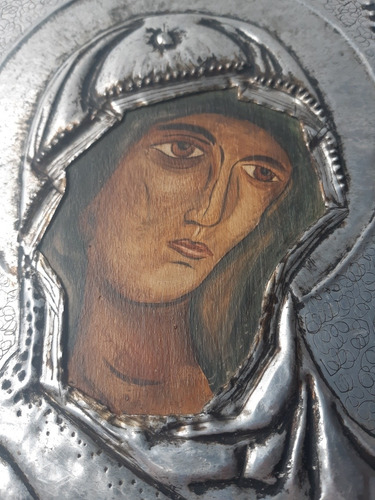 Cuadro Icono Bizantino Con Metal Repujado Virgen (Usado)