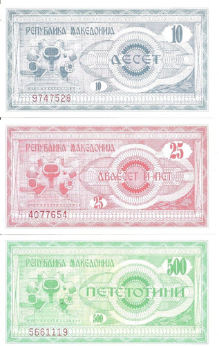 Macedonia: 3 Billetes De  Dinares Año 1992 S/circular