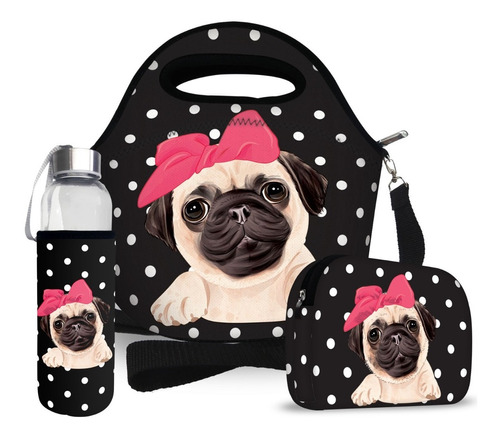 Kit Squeeze Vidro Necessaire Lancheira Neoprene Sra. Pug Dog