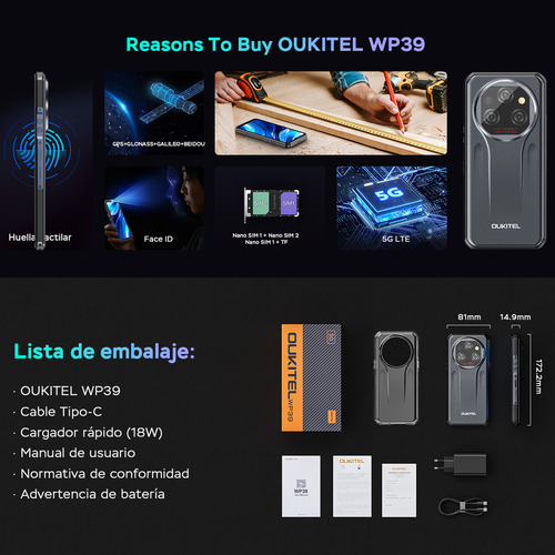 Celular Oukitel Wp39 5g Smartphone 24gb Ram 256gb 6.6 Hd+ 11000mah Resistente Smartphone 64mp Cámara Fingerprint/giroscopio/nfc/otg/android 14
