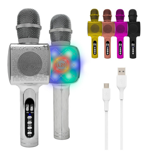 Microfono Karaoke Bluetooth Inalambrico Parlante Efectos Rgb Color Plateado