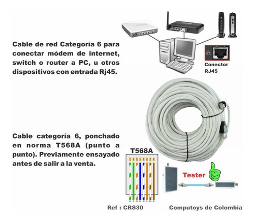 Imagen 4 de 6 de Patch Cord Rj-45 Cat. 6 T-568b 30 M Ref: Crs30 Computoys Sas