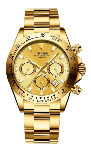 Reloj de pulsera Tevise T822A de cuerpo color dorado, analógico, para hombre, fondo dorado, con correa de acero inoxidable color dorado, agujas color dorado y blanco, dial dorado, subesferas color dorado, minutero/segundero negro, bisel color dorado y desplegable