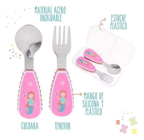 Set Cubiertos Niños Bebe Infantil Plastico Acero Inoxidable