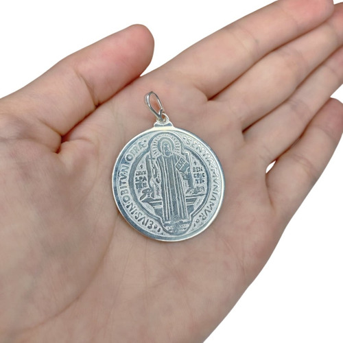 Pingente Em Prata 925 Medalha São Bento Grande Dupla Face