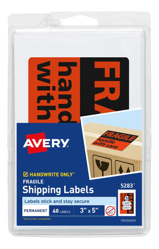 Etiquetas Avery Fragile, 3 X 5, No Imprimibles, 40 Etiquetas