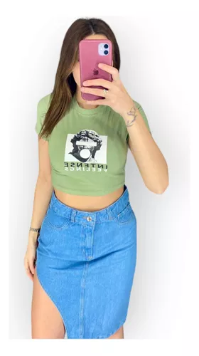 Crop Top Mujer Manga Corta Algodón Con Lycra