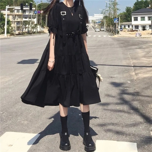 Vestido Midi Negro De Manga Larga Lindo Punk 2021 Emo Oversi