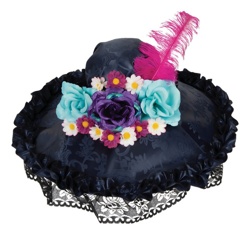 Sombrero De Catrina Deluxe Negro Con Flores Día De Muertos