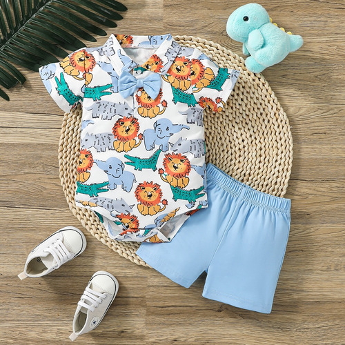 Conjunto Para Niño Camiseta Verde Y Short Estampado Colorido Azul Claro 9-12 M