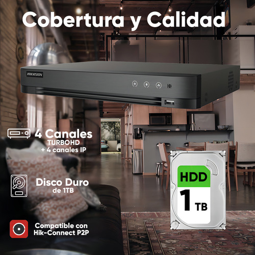Hikvision Kit De 4 Cámaras De Seguridad Metálicas Turret Con Micrófono Integrado 3k 5mp Dual Light Protección Ip67 Exterior + Dvr 8 Mp 4 Canales Turbohd + 4 Canales Ip + 1tb Hdd Ids2ce76k0t-plus+1tb