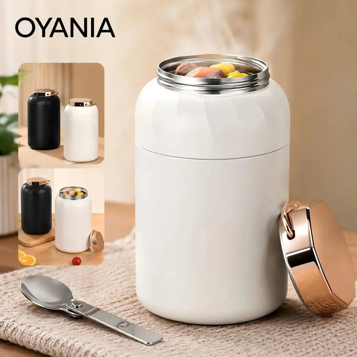 Termo OYANIA para Comida Caliente y Fría de Acero Inoxidable con Cuchara Plegable, Blanco