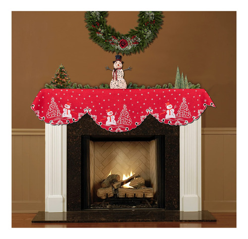 Decoracion Mantel Chimenea Lino Rojo Diseño Estrella Muñeco