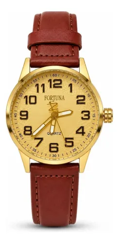 Relógio De Pulso Masculino Fortuna Old Money Minimalista Marrom Cx Dourada