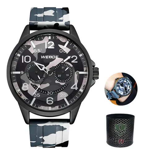 Relógio Weide WD008 Masculino Analógico Camuflado Militar Tático, Pulseira Silicone, 3 ATM Resistente Água, Calendário Completo, Vidro Mineral,
