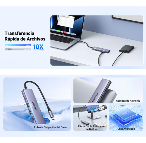 Ugreen 15596 Hub Usb-c 5 En 1 Para 3* Usb 3.0 + Hdmi 4k @30