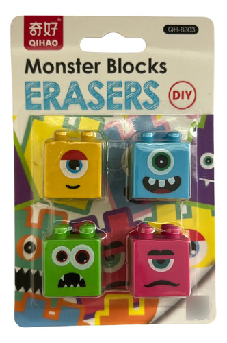 Borrachas Escolar Divertidas Bloco De Montar Monstro C/ 4 Un