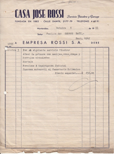 1955 Factura De Empresa Rossi Servicio Funebre Montevideo 