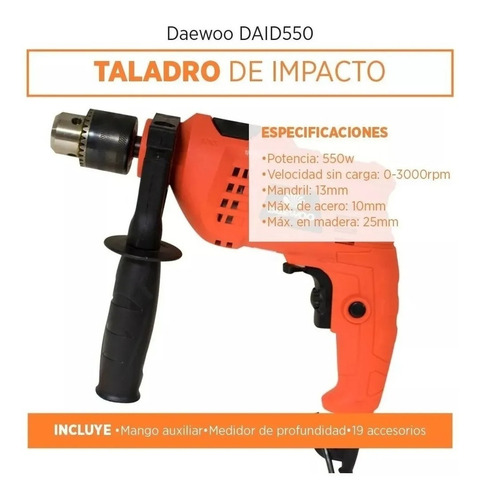 Imagen 6 de 9 de Taladro Percutor Daewoo 13mm + Maletin 19 Accesorios 550w