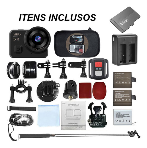 Câmera Acão Ultra 5k Sport Wifi+ 64gb Bateria Carregador V10 Cor Preto