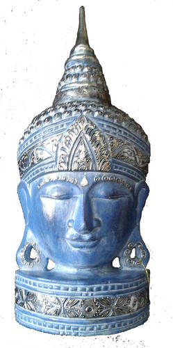 Figura Tallada Buda Madera De Albesia Azul Dorado Plata 60cm