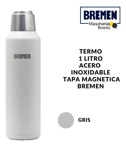 Termo 1 Litro Acero Inoxidable Tapa Magnética Colores Bremen Gris