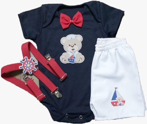 Roupa Para Bebê Conjunto Suspensório Ursinho Marinheiro Azul