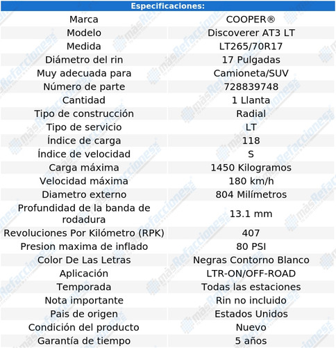 1- Llanta 118s Cooper Discoverer At3 Lt Lt265/70r17