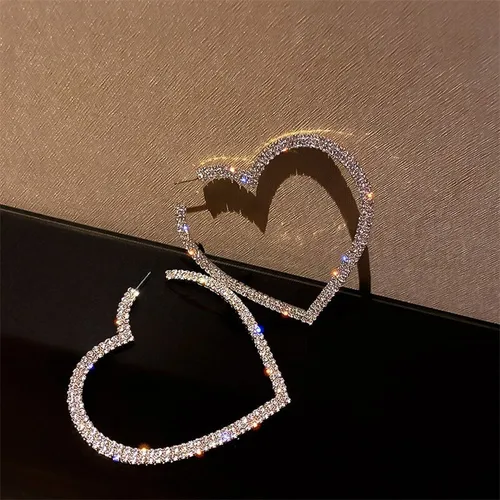 Aros Corazón Gigante Brillos Dorado Mujer Cute Colgante