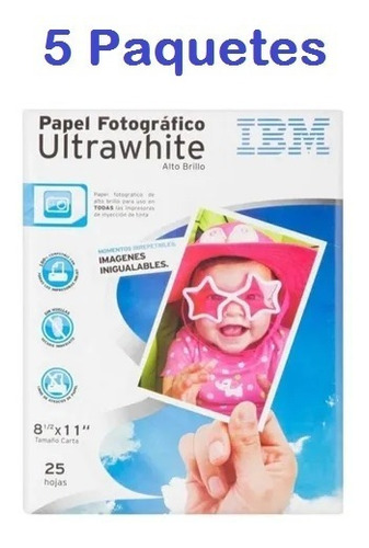 5 Pack Papel Fotográfico Carta Ibm Ultra White 25hojas C/u