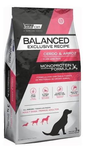 Alimento Vitalcan Balanced Exclusive Recipe para perro adulto todos los tamaños sabor cerdo y arroz en bolsa de 3kg