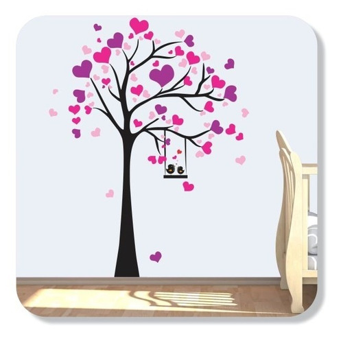 Adesivo De Parede Árvore Com Corações Rosa E Roxo Lindos 