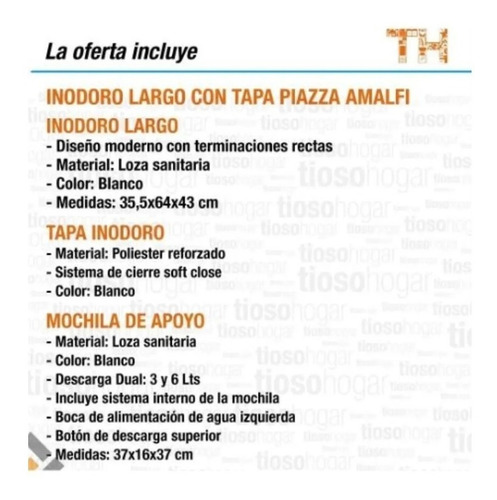 Imagen 8 de 10 de Inodoro Largo Deposito Dual Tapa Suave Piazza Amalfi Premium