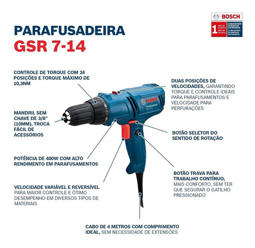 Furadeira parafusadeira elétrica de 10mm Bosch GSR 7-14 E 400W - 220V