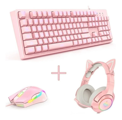 Imagen 1 de 8 de Pack Gamer Rosa Teclado Mouse Y Audífono Orejitas Gamer Pink