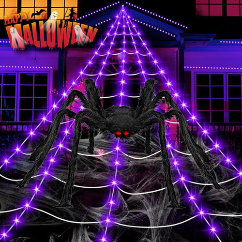 Tela De Araña Gigante Con 200 Luces Led Moradas 5m