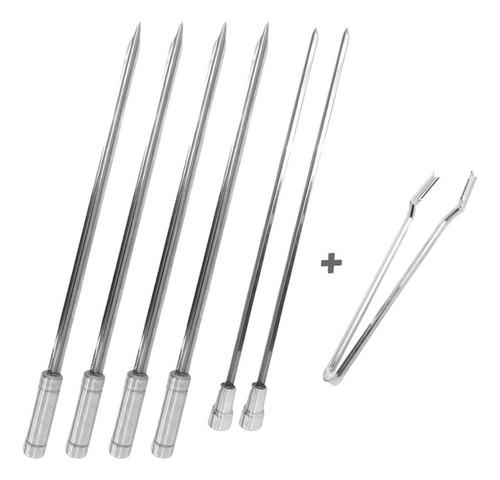 Kit 6x Espetos Inox 40cm Mais Pegador De Carnes, Churrasco