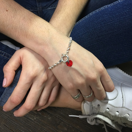 Pulsera Rolo Plata 925 Con Dije Cristal Corazón De 10 Mm