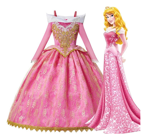 Vestido Aurora De La Bella Durmiente Para Niñas, Manga Larga