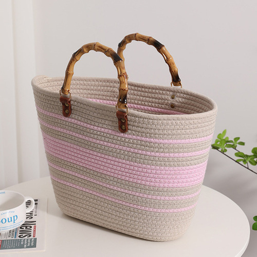 Bolsos De Playa De Moda Con Mango De Bambú, Algodón Tejido A