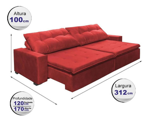 Sofá Retrátil E Reclinavel Oklahoma. 3,12m Molas No Assento Cor Vermelho