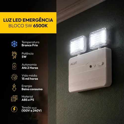 Luminária de Emergência Bloco LED 5w 1200 lm Bivolt com Autonomia de 4h 6500k Branco Frio Para Parede e Teto Cod: ALUT000802 Alut by Avant - R$ 58
